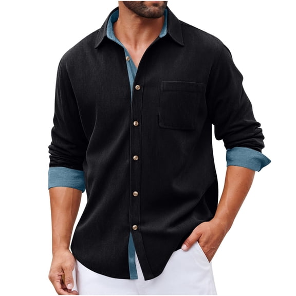LJEFF Men's Corduroy Shirt, Spring/Fall Long Sleeve Solid Color Collar Button-down Jacket Black