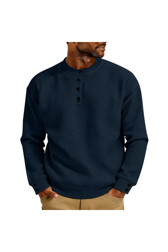 Men's Sweatshirts, Button-Up Spring and Fall Waffle Weave Solid Color Men Casual Pullover Navy