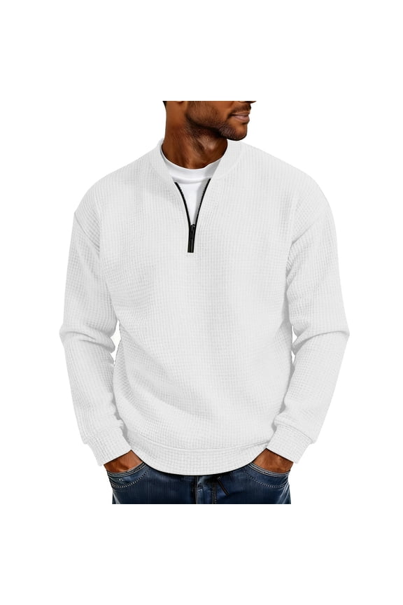 Men's Sweatshirts, Spring and Fall Solid Color Quarter Zipper Waffle Weave Men Casual Hoodie White a