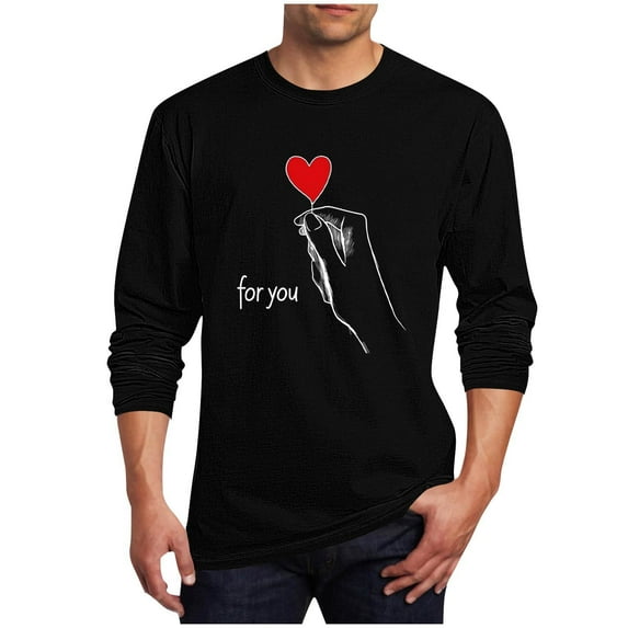 LJEFF Men's Valentine's Day Long-Sleeve Shirt, Heart Print Regular Fit Crew Neck Casual Men's Tees Black