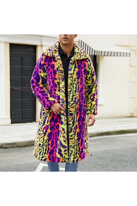 Mens Warm Faux Furry Long Sleeve Long Coat Jacket Winter Leopard V-neck Outerwear, Hot Pink