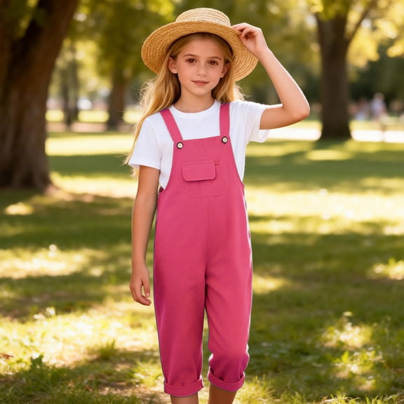 LJEFF Overalls for Girls, Straight-Leg Adjustable Straps Front Pocket Casual Summer Jumpsuits Pink Size 8