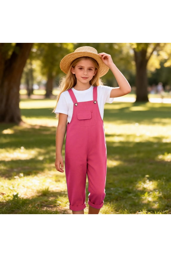 Overalls for Girls, Straight-Leg Adjustable Straps Front Pocket Casual Summer Jumpsuits Pink Size 8
