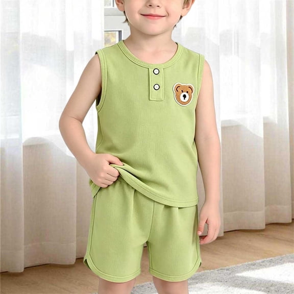 LJEFF Toddler Boys Summer Outfit Set, Elastic Waist Breathable Soft Sleeveless Short Sleeve Graphic Tee Green Size 6 Yres