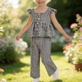 thumbnail image 1 of LJEFF Toddler Gingham 2PC Outfit, Square Neck Peplum Top Ruffle Sleeve Wide Leg Pants Casual Summer Set for Kids Black Size 3, 1 of 7