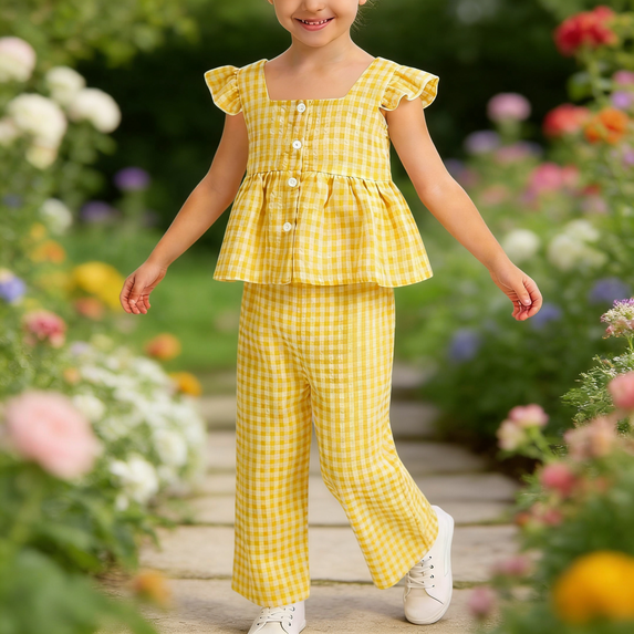 LJEFF Toddler Gingham 2PC Outfit, Wide Leg Pants Peplum Top Square Neck Ruffle Sleeve Casual Summer Set for Kids Yellow Size 4
