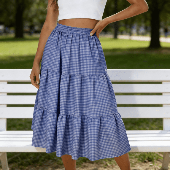 LJEFF Women Checkered Tiered Skirt, Elastic Waist A-Line Casual Pleated Summer Casual Flowy Skirt Blue