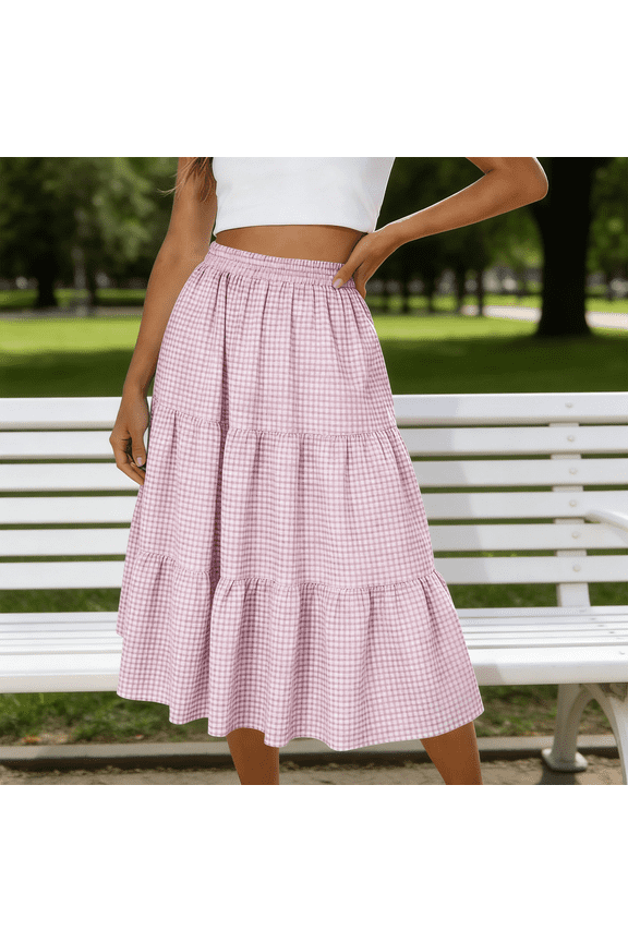 Women Checkered Tiered Skirt, Pleated Casual A-Line Elastic Waist Summer Casual Flowy Skirt Purple
