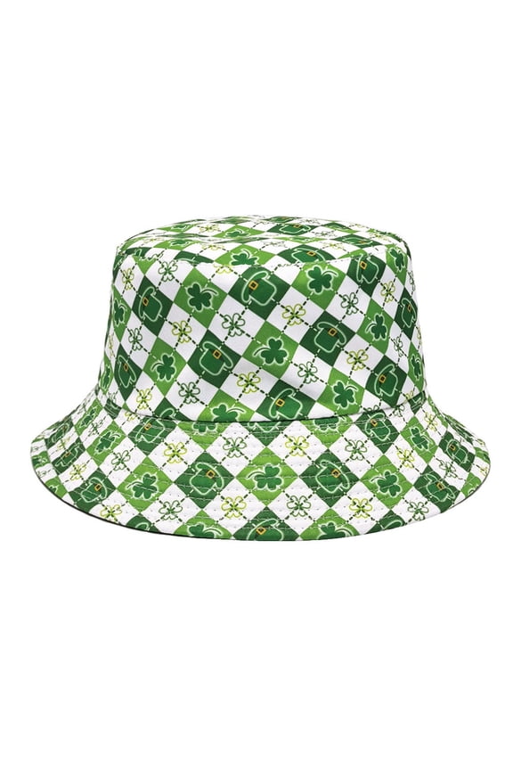 Women St Patrick's Fisherman's Cap, Festive Four-Leaf Clover Print Reversible Adjustable Sun Hat Green