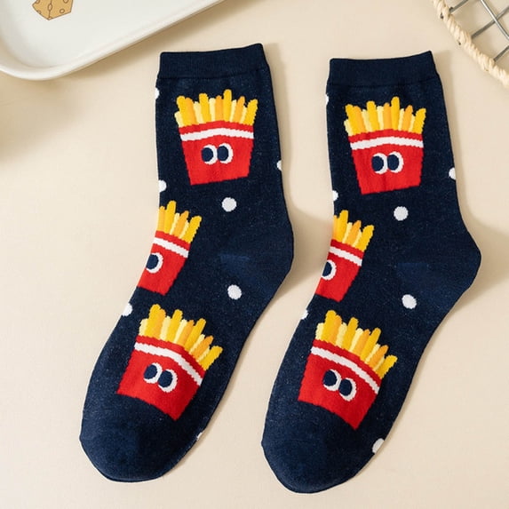 LJEFF Women's Cute Crew Socks, Breathable Spring and Fall 3D French Fries Design Cotton Casual Socks Navy