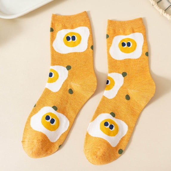 LJEFF Women's Cute Crew Socks, Breathable Spring and Fall 3D Fried Egg Design Cotton Casual Socks Yellow
