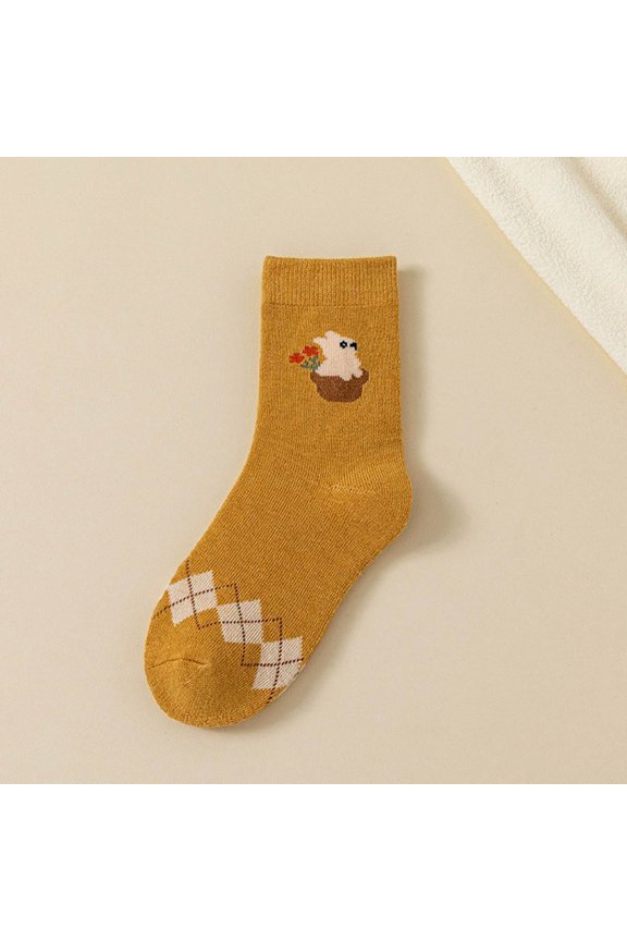 Women's Cute Crew Socks, Cotton Diamond Pattern Spring and Fall Rabbit Motif Casual Socks Gold