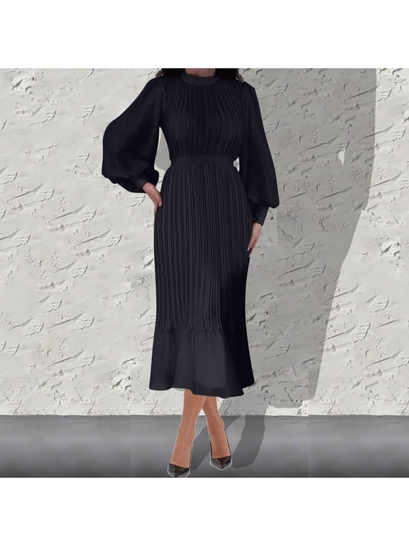 Zylnanna Women's High-end Satin Long Sleeved Loose Fitting Dress Elegant Temperament Women's Evening Dress,Black