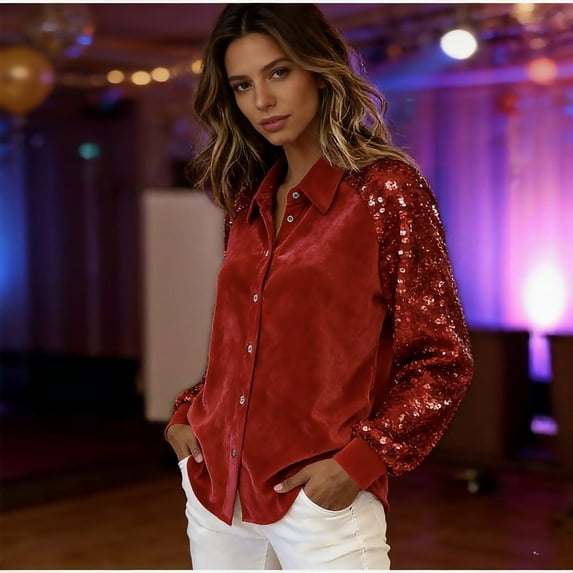LJEFF Women's Velvet Button Blouses, Spring and Fall Collared Long sleeve Sequin Fashion Tops Red