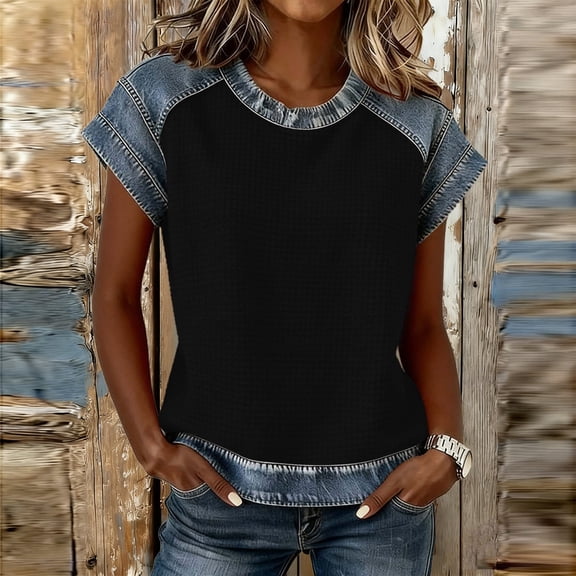 LJEFF Women's Waffle Knit Denim Raglan T-Shirt, Casual Comfort Colour Clash Crew Neck Summer Tops Black