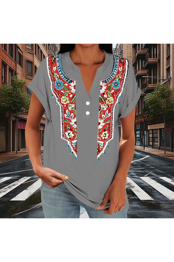 Womens Aztec Print V-Neck Blouse, Button Loose Short Cuffed Sleeve Soft Summer Casual Ethnic Top Gray