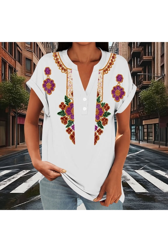 Womens Aztec Print V-Neck Blouse, Short Cuffed Sleeve Button Soft Loose Summer Casual Ethnic Top White