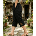 thumbnail image 1 of LJEFF Womens Plus Size Cotton Linen Capri Pants, Elastic Waist Lace Trim Drawstring Pocket Summer Cropped Trousers Black, 1 of 6