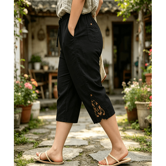 LJEFF Womens Plus Size Cotton Linen Capri Pants, Elastic Waist Lace Trim Drawstring Pocket Summer Cropped Trousers Black