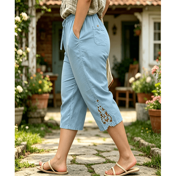 LJEFF Womens Plus Size Cotton Linen Capri Pants, Elastic Waist Lace Trim Drawstring Pocket Summer Cropped Trousers Light Blue