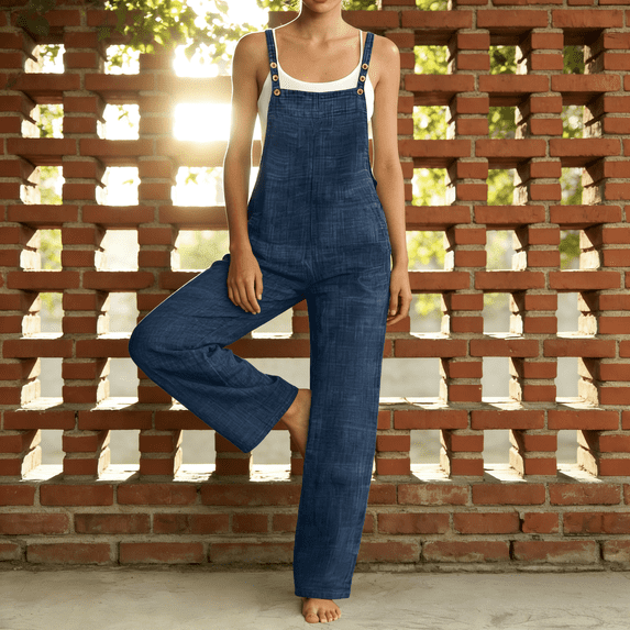LJEFF Womens Cotton Linen Overalls, Wide Leg Straight-Leg Trousers Functional Pockets Adjustable Shoulder Straps Casual Summer Jumpsuit Blue