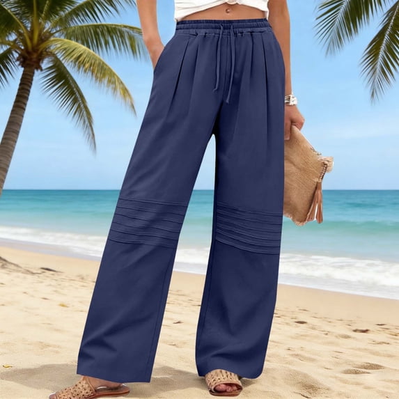 LJEFF Womens Cotton Linen Pants with Pockets, Drawstring Casual Baggy Lightweight Elastic Waist Summer Beach Pants Navy