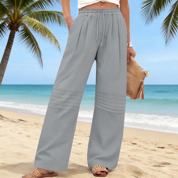 LJEFF Womens Cotton Linen Pants with Pockets, Lightweight Drawstring Elastic Waist Casual Baggy Summer Beach Pants Gray