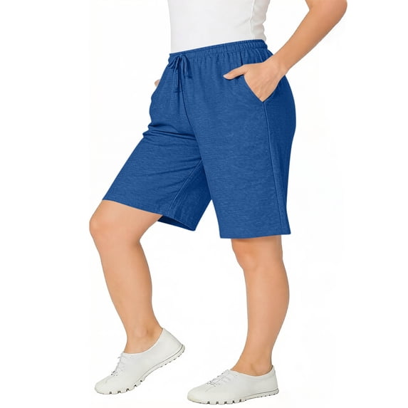 LJEFF Womens Plus Size Drawstring Shorts with Pockets, Elastic Waist Comfy Baggy Casual Womens Active Shorts Blue