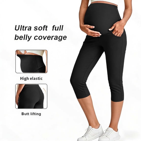 LJEFF Womens Maternity Capri Leggings with Pokey, Abdominal Support Over Belly Design Soft Highly Elastic Workout & Casual Pants for Womens Black