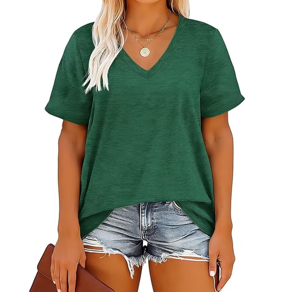 LJEFF Womens Plus Size V Neck Cotton T-Shirts, Short Sleeve Solid Color Casual Loose Summer Tops Tee for Womens Army Green