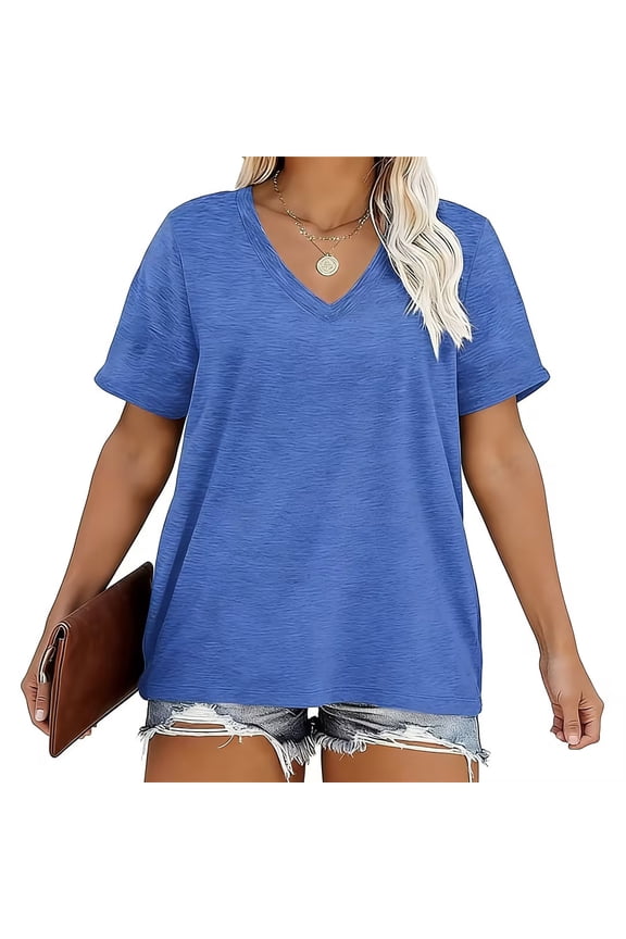 Womens Plus Size V Neck Cotton T-Shirts, Solid Color Casual Loose Short Sleeve Summer Tops Tee for Womens Blue