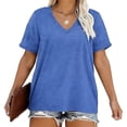 thumbnail image 1 of LJEFF Womens Plus Size V Neck Cotton T-Shirts, Solid Color Short Sleeve Loose Casual Summer Tops Tee for Womens Blue, 1 of 6