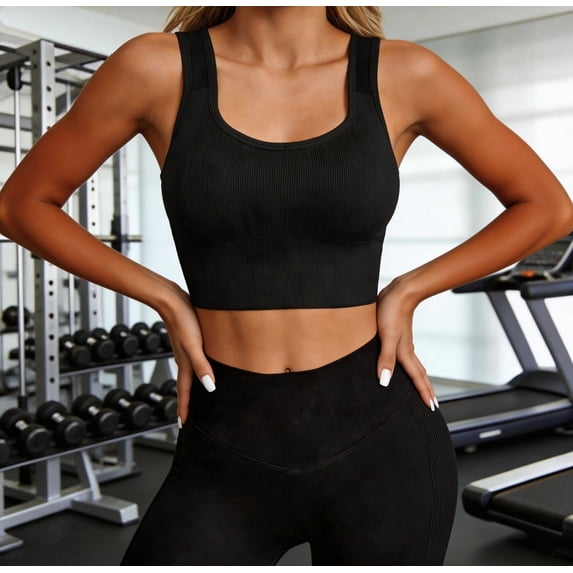 LJEFF Womens Ribbed Tank Tops with Built in Bras, Square Neck Stretch Workout Fitted Basic Casual Tops Black
