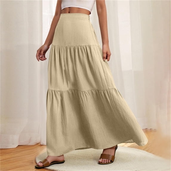 LJEFF Womens Ruffle Skirt, Casual High Rise Summer Pleated Elastic Waist Maxi Skirts Khaki