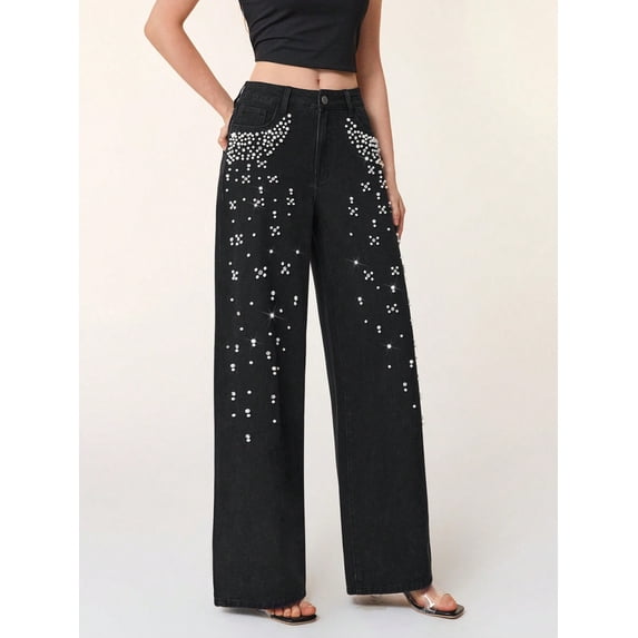 LJEFF Womens Shimmering Business-Casual Jeans, Baggy Wide Leg Button High Waist Pearl Denim with Pockets for Women Black