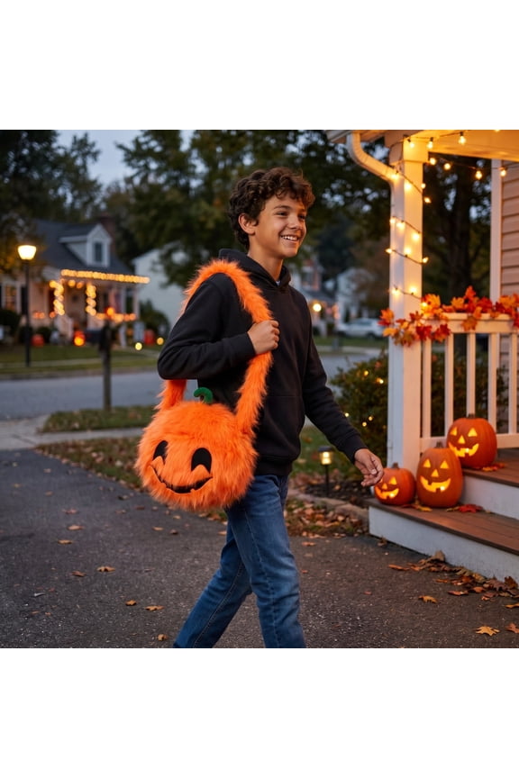 Halloween Candy Bag, Furry Pumpkin Head Handbag for Kid Ages 12+ , Trick or Treat Tote for Party Favors 19.7"