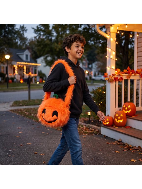 Halloween Candy Bag, Furry Pumpkin Head Handbag for Kid Ages 12+ , Trick or Treat Tote for Party Favors 19.7"