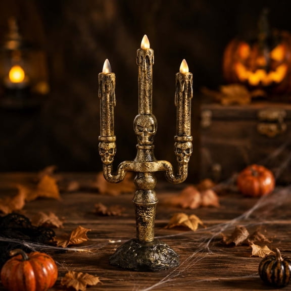 LJMsdf Halloween Skull Candelabra, Gold 3-Head FlameLess Candle Holder for Tabletop, Mantel Decor