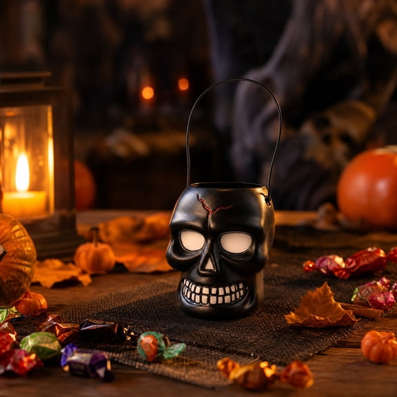 LJMsdf Halloween Skull Candy Bucket Black Plastic Handheld Pail for Trick or Treat Party, 6"