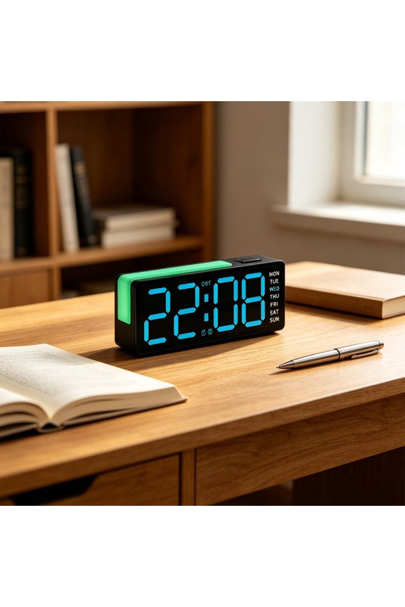 Multi-Function Digital Alarm Clock, LED Display Clock with Date, Time, Temperature & DST, Adjustable Brightness Dual Power Supply for Bedroom Office Living Room Use