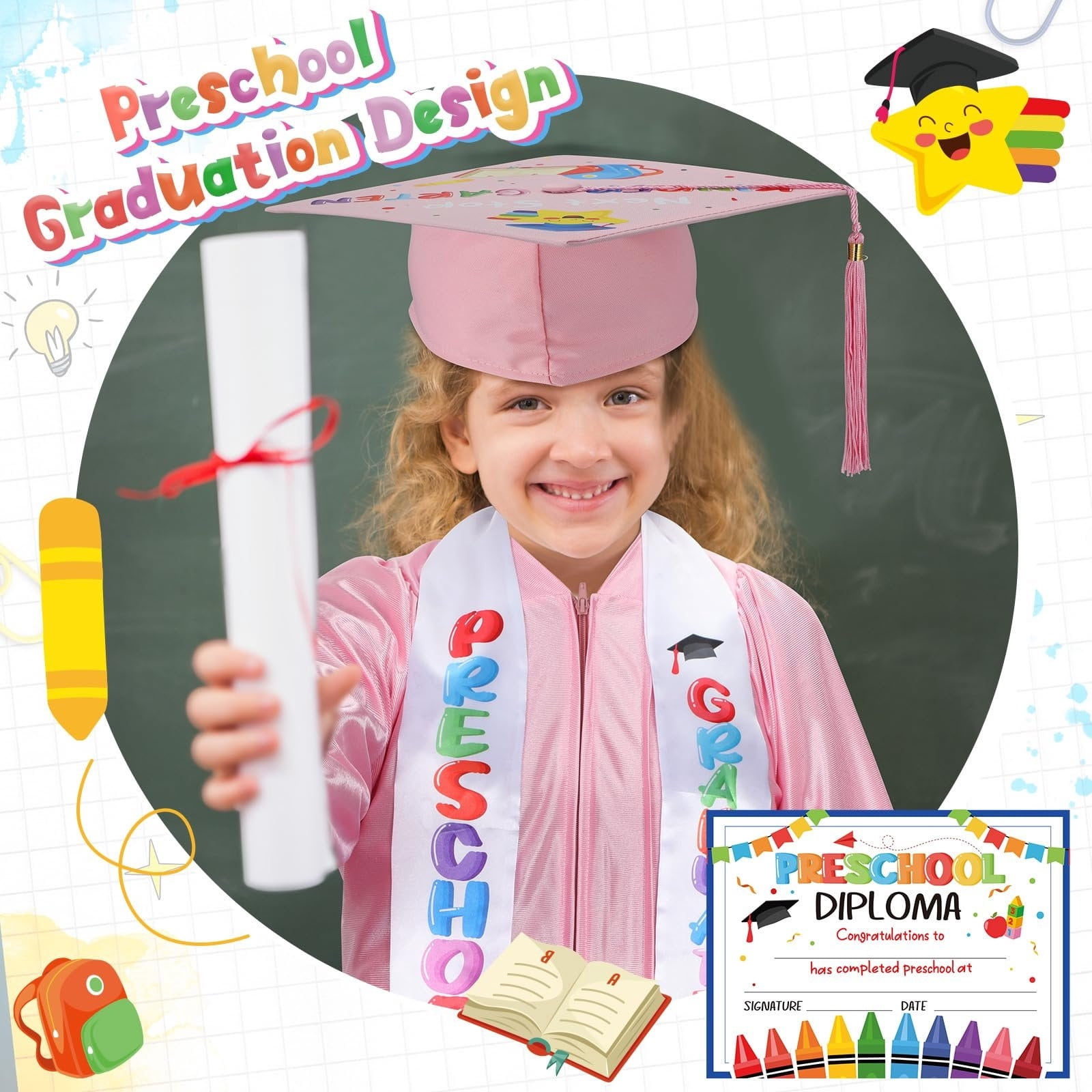 LJMsdf Satin Graduation Attire Set, 2026 Tassel Cap & Stole with Certificate, 5 Sizes for Milestone Celebrations & Commemorative Events