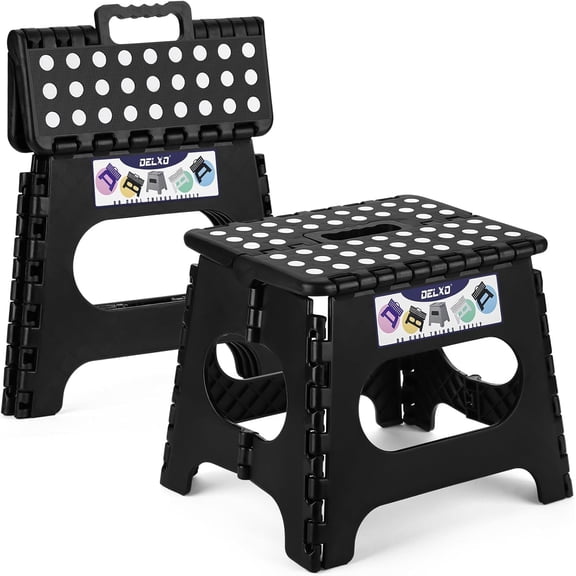 LJTER 11 inch 2 Pack Folding Step Stool, Non-Slip Foldable Stools Up to 300 LBS, Step Stool with Handle, Lightweight Collapsible stools for Kitchen, Bathroom, Bedroom, Garden (Black)