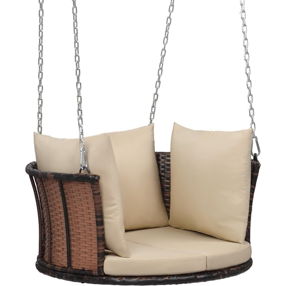 LJTER 2.4 FT 1-Person Use Round Rattan Porch Swing Outdoor Support 440 LBS with Cushions & Adjustable Chains, Patio Wicker Swing Bench Chair for Garden, Yard, Lawn, Tree, Brown