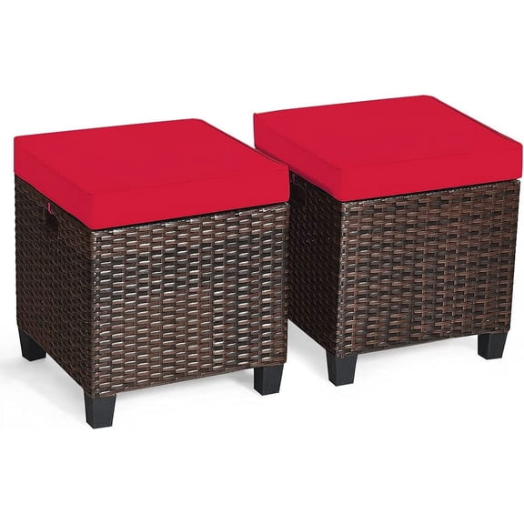 LJTER 2-Pieces Patio Ottoman Set Outdoor Rattan Wicker Ottoman Seat with Removable Cushions Patio Furniture Footstool Footrest Seat