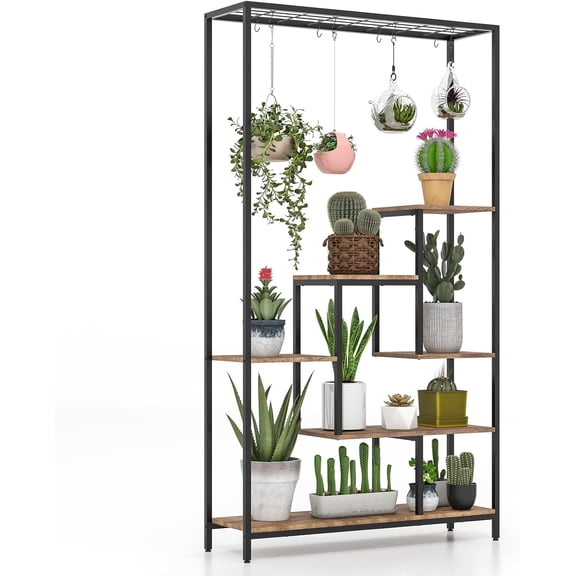 LJTER 71" Tall Plant Stand Indoor, 6-Tier Metal Plant Shelf with 10 Hanging Hooks, Multiple Potted Flower Bonsai Pots Display Rack for Indoor, Balcony, Living Room (Rustic Brown)
