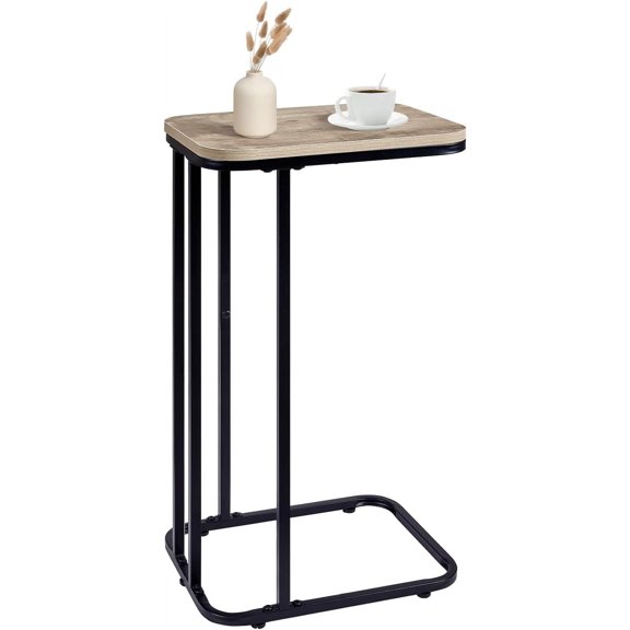 LJTER C Shaped End Table, 27 Inches High Small Side Table for Sofa and Bed, Couch Table That Slides Under, Tall Tv Tray Table for Living Room, Bedroom, Metal Frame, Greige & Black