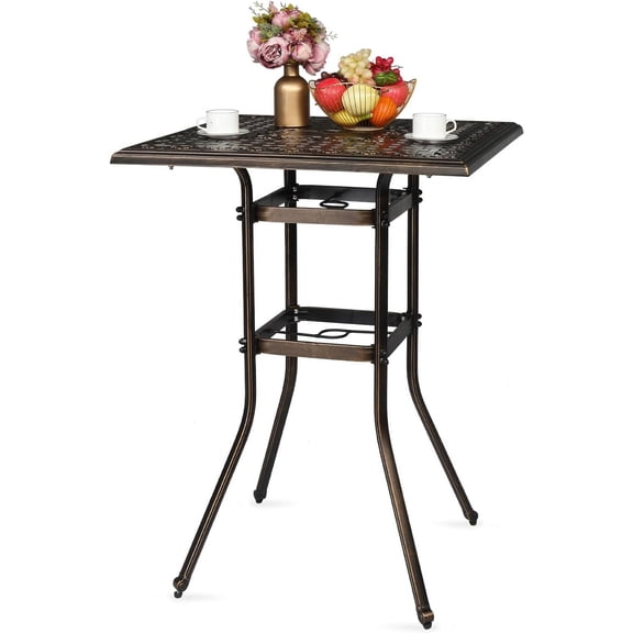 LJTER Cast Aluminum Patio Bar Table, 42" Height High Top Outdoor Bar Table with Umbrella Hole, Pub Height Bistro Square Table for Paito Lawn Garden