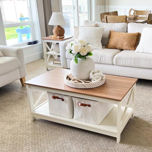 LJTER Farmhouse Coffee Table for Living Room, White Coffee Tables with Storage Rustic Style Modern