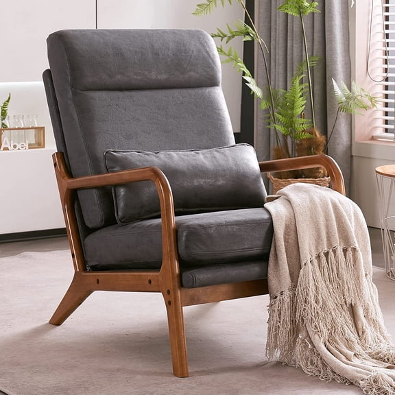 LJTER High Back Microfiber Dark Grey Mid Century Modern Accent Chair, Soild Wood Padding Lounge Armchairs Side Sitting Chairs for Living Room, Bedroom, Guest Room