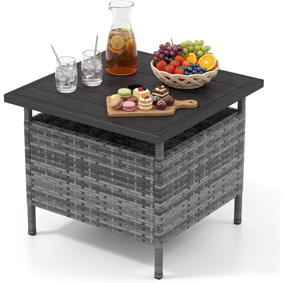 LJTER Patio Umbrella Table Stand, Rattan Outdoor Side Table with Umbrella Hole, PE Wicker Frame, for Patio Garden Deck Poolside